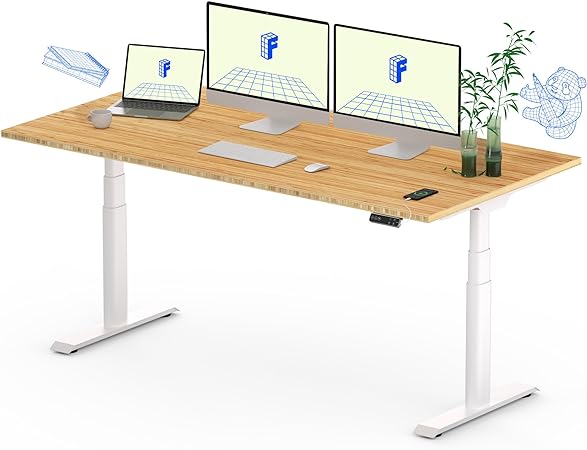 FLEXISPOT E8 Dual Motor 3 Stages Bamboo Electric Standing Desk 60x30 Inch Oval Leg Whole-Piece Board Height Adjustable Desk Electric Stand Up Desk Sit Stand Desk (White Frame   Bamboo Desktop)