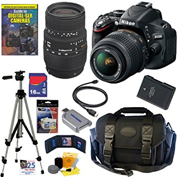 Nikon D5100 16.2MP CMOS Digital SLR Camera with 18-55mm f/3.5-5.6 AF-S DX VR Nikkor Zoom Lens and Sigma 70-300mm f/4-5.6 SLD DG Macro Lens with built in motor   16GB Deluxe Accessory Kit