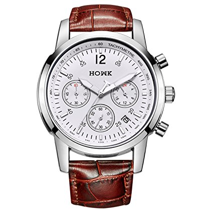 HOWK Men's Chronograph Quartz Watches with Date Analog White Luminous Dial and Brown Leather Band