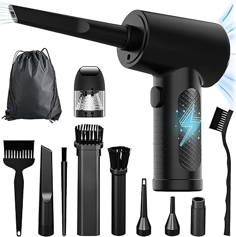 Compressed Air Duster,Car Vacuum， Electric Air Duster and Vacuum 2 in 1, 3 Speeds 100000 RPM Cordless Air Blower, Reusable Air Duster for Computer, Keyboard, Swimming Ring, Car with LED Light