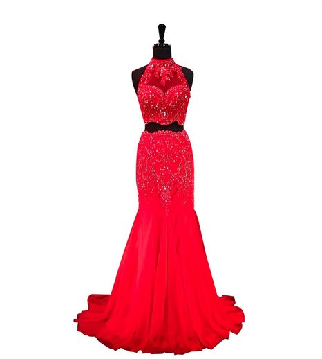 NINI.LADY Women's High Neck Lace Applique Beaded Two Piece Mermaid Evening Dress