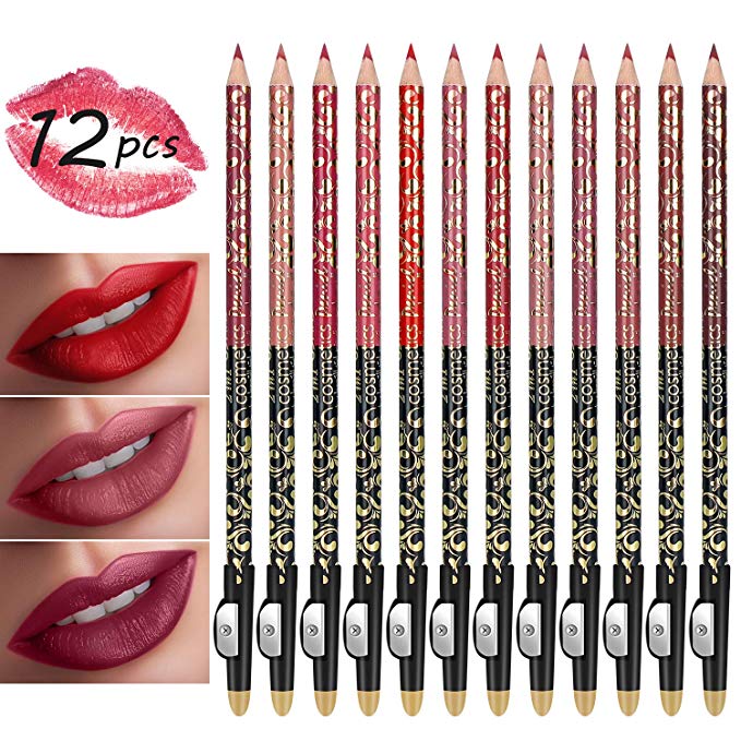 Proteove Lip Liner Pencil Set - 12 Colors Lip Pencils & Black Eyeliner Duo w/Free Pencil Sharpeners, Highly-pigmented Designed are Perfect for Shaping, Lining or Filling in the Lips for a Fuller Look