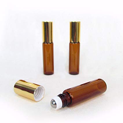 Set of 3-5ml Brown Amber Glass Roll On Bottle With Stainless Steel Ball for Essential Oils by Rivertree Life