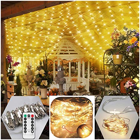 DealBeta Outdoor Curtain String Lights Battery Operated,6.5ft x 6.5ft 200 LED Icicle Twinkle Starry Lights for Bedroom Wedding Festival Tent Camping RV Decor - Remote,Timer,8 Mode,Dimmable,Warm White
