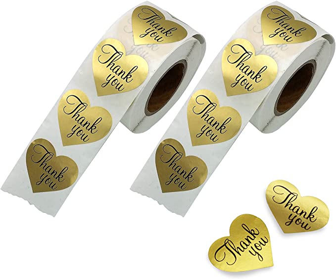 Thank You Stickers Gold Heart Shaped Foil Easy-Pull Adhesive Foil Labels (1000 Pack)