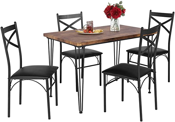 VECELO 5-Piece Indoor Modern Rectangular Dining Table Set for Kitchen, Dinette, Breakfast Nook, 4, BRN