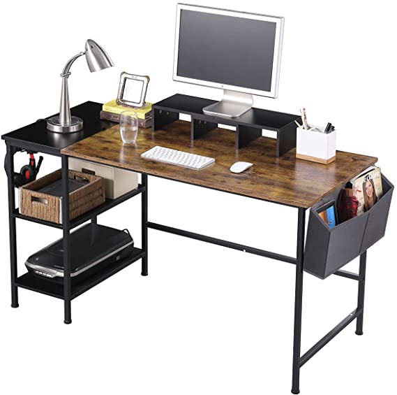 Home Office Computer Desk with 2-Tier Industrial Storage Shelves, 55 Inch Study Writing Desk with Monitor Stand & Storage Bag, Table with Splice Board for Laptop PC for Office Bedroom Living Room