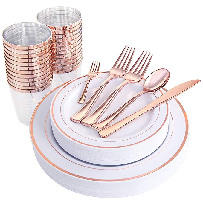 WDF 25Guest Rose Gold Plastic Plates with Rose Gold Silverware,Rose Gold Cups-include 25 Dinner Plates, 25 Salad Plates, 50 Forks, 25 Knives, 25 Spoons &Plastic Cups/Bonus 25 Mini Forks