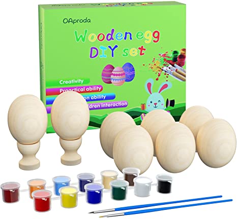 OAproda 8 pcs Easter Eggs for Children DIY Game with 12 Color Paints, Two Bases and 2 Brushes. Smooth Natural Unfinished Wood Fake Egg DIY Set for Easter