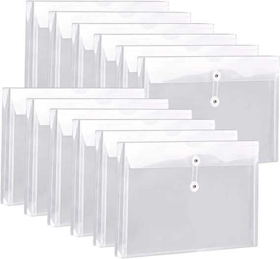 FANWU Plastic Legal Size Expandable Envelopes with String Tie Closure, 1-1/4" Expansion, Side Load, Clear File Folders Poly Project Paper Documents Organizer for Office School Home 12 Pack