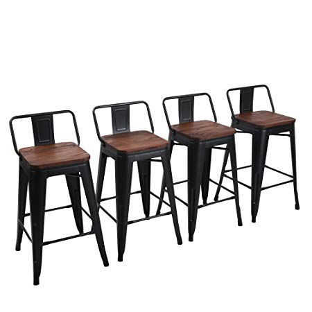 Yongchuang Metal Backless Counter Bar Stool for Indoor-Outdoor(Pack of 4) (24", Matte Black Wood Top Low Back)