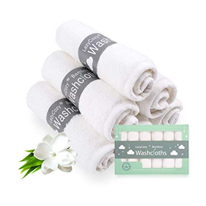 LazyCozy Baby Washcloths 100% Organic Bamboo Face Towel Ultra Soft Newborn Bath Towel and Baby Shower Gift. White (6 Packs. 10 x 10 Inch)