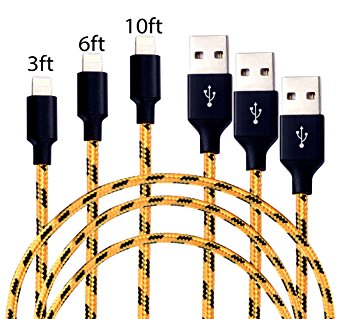 GOLDEN-NOOB 3Pack 3/6/10FT Nylon Braided Popular Lightning Cable 8Pin to USB Charging Cable Cord with Aluminum Heads for iPhone7/7Plus 6/6s/6 Plus/6s Plus/5/5c/5s/SE,iPad iPod Nano/Touch(Black Golden)