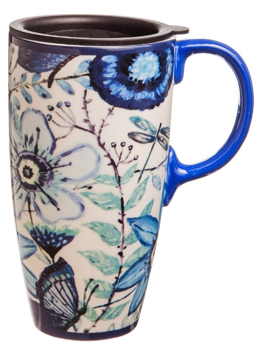 Shades of Indigo Flowers and Butterflies Ceramic Travel Coffee Mug 17oz