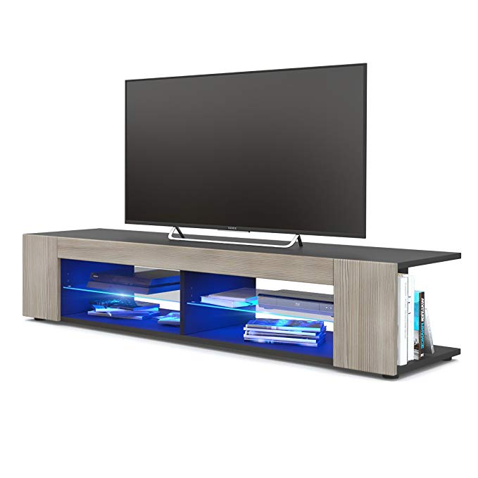 Vladon TV Unit Stand Movie, Carcass in Black matt/Front in Avola-Champagne with LED lighting in Blue