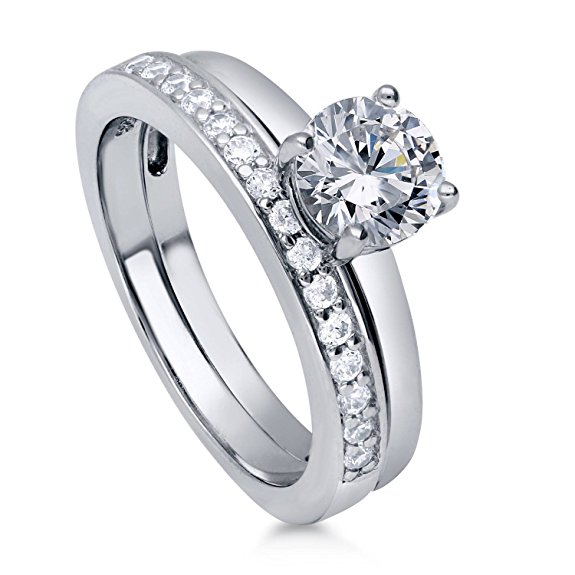 BERRICLE Rhodium Plated Sterling Silver Round Cut Cubic Zirconia CZ Solitaire Engagement Ring Set