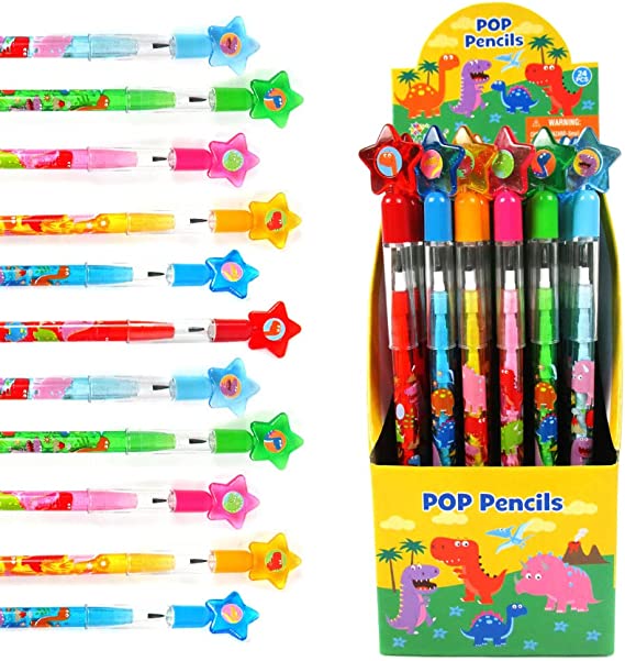 TINYMILLS 24 Pcs Dinosaur Stackable Push Pencil Assortment with Eraser for Party Favors Goodie Bag Stuffers VBS Classroom Rewards Pinata Fillers Carnival Prize