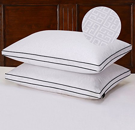 Basic Beyond Greek Key Patterns, Gusseted, Triple Compartment, 650 Fill Power Egyptian Cotton Standard/Queen Goose Down Pillow White, Set of 2