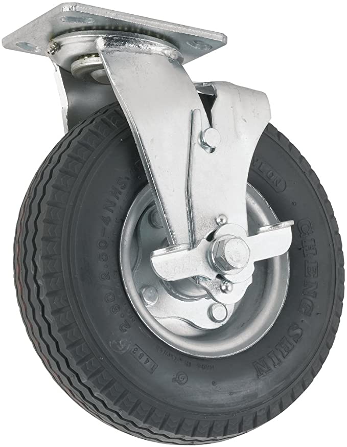 Pneumatic Caster Wheel with Swiveling Top Plate w/ Brake  - 8-Inch -  310 lb. Load Capacity  - Air-Filled Wheel Provides a Cushioned Ride & Shock Absorption Best Suited for Outdoor Use