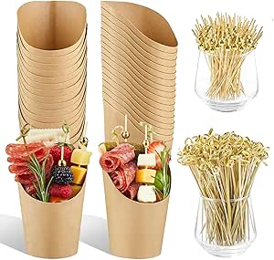 50 Sets 14 oz Charcuterie Cups with Sticks, Disposable Kraft Paper Charcuterie Boxes French Fry Holders Individual Appetizer Serving Cups (50 Cups   200 Cocktail Picks)