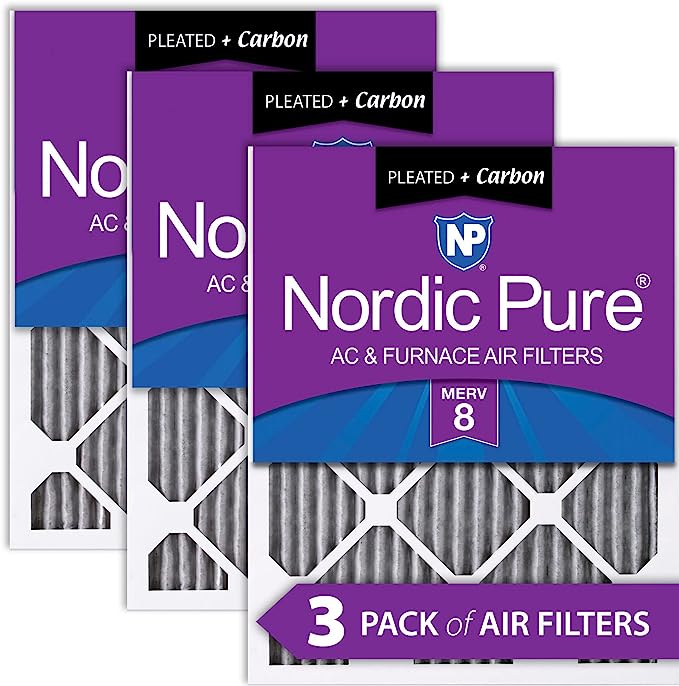 Nordic Pure 16x25x1PM8C-3 Pleated MERV 8 Plus Carbon AC Furnace Filters (3 Pack), 16x25x1"