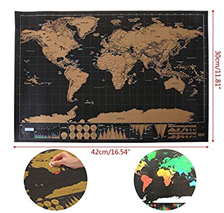 shirleyjj Scratch Off World Map Poster 16.54"x11.81"Gold Foil Black Scratch Off Foil Layer Coating International World Travel Map Most Detailed Cartography with All Country Flags Tracks Your Advent