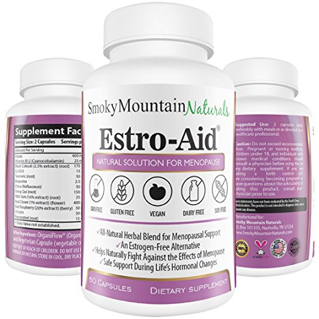 Estro-Aid: Herbal Menopause and PMS Supplement. Free of Dairy, Soy, Gluten, Magnesium Stearate, & GMOs. Vegan, Organic Veggie Capsule and Estrogen-Free. 100% Money-Back Guarantee.