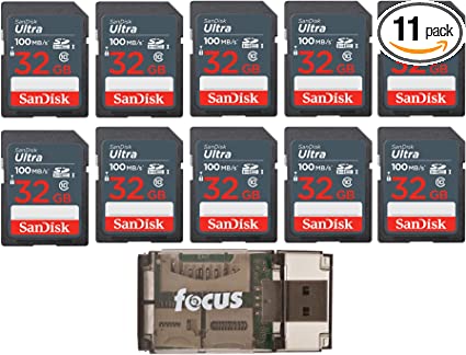 SanDisk 32GB Ultra SDHC UHS-I Memory Card (10-Pack) with Focus High Speed USB Card Reader Bundle (11 Items)