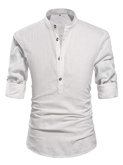 ZYFMAILY Men's Band Collar Long Sleeve Solid Linen Shirt Casual Beach Shirt