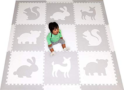 SoftTiles Woodland Animals Foam Playmat | Kids Floor Mats | Non-Toxic Baby Play Mat w/Sloped Edges for Playrooms and Nursery- Extra Thick 2 Foot Floor Tiles- 6.5 x 6.5 ft (White, Light Gray) SCWOOWH