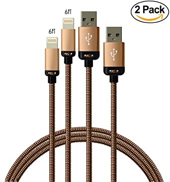 Winky(TM) 2Pack 6FT Extra Long Nylon Braided 8Pin to USB Power Cable Cord with Aluminum Heads for iPhone 6/6s/6 Plus/6s Plus/5/5c/5s, iPod Nano 7 iPod Touch 5 (2x6ft Gold)