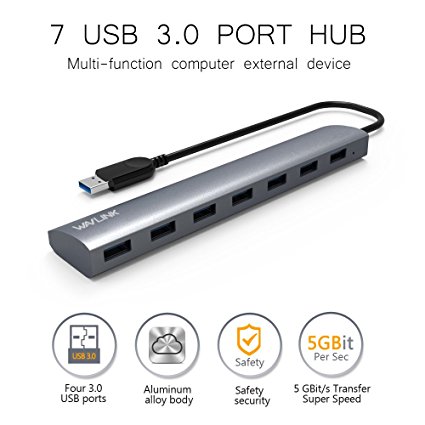 Wavlink USB 3.0 7 Port Aluminum Hub with 5V/4A Power Adapter USB Splitter Hot Swapping for Mac, PC, USB Flash Drives and Other Devices