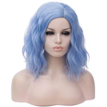 14" Women Short Wavy Curly Wig Light Blue Bob Wig Cosplay Halloween Synthetic Wigs 22 Colors Available
