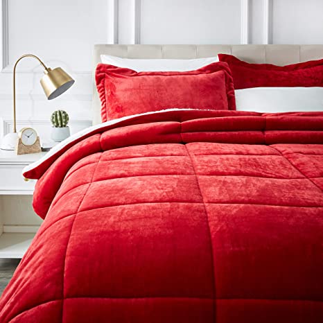 AmazonBasics Ultra-Soft Micromink Sherpa Comforter Bed Set - Full or Queen, Red