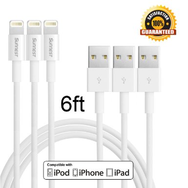 Sunnest 3Pack 6Ft Extra Long 8-Pin Lightning to USB Data Cable Sync and Charging Cord Wire for iPhone 6s plus 6s 6 plus 6 5s 5c 5 iPad Air iPad Mini iPod Touch - White
