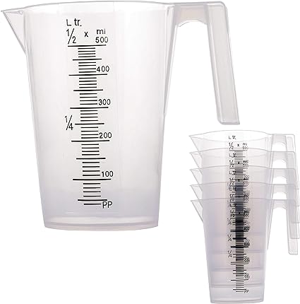 TCP Global 1/2 Liter (500ml) Plastic Graduated Measuring and Mixing Pitcher (Pack of 6) - Holds Over 1 Pint (16oz) - Pouring Cups, Measure & Mix Paint, Resin, Epoxy, Kitchen Cooking Baking Ingredients