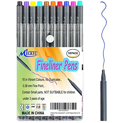 Fineliner Color Pens Set Fine Point 0.38mm in 10 Assorted Colors, Drawing Markers Perfect for Coloring Book and Bullet Journal Art Projects (Pack of 10)