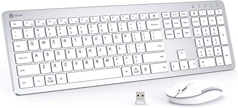 iClever Wireless Keyboard and Mouse - Rechargeable Wireless Keyboard Ergonomic Full Size Design with Number Pad, 2.4G Stable Connection Slim White Keyboard and mouse for Windows, Mac OS, Computer, Lap