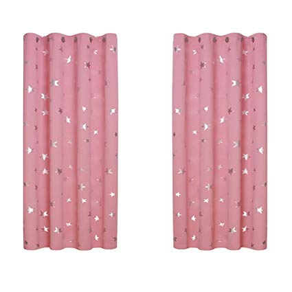 BUZIO Star Print Blackout Curtains for Kids Room and Game Room, Room Darkening Grommet Window Curtains for Naptime, 52 x 63 Inches, 2 Panels, Baby Pink