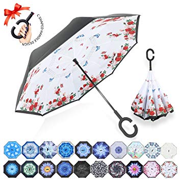 ZOMAKE Windproof Reverse Folding Double Layer Inverted Umbrella with C shape Handle, Self Standing, Inside Out, Hand Free, Variety colors