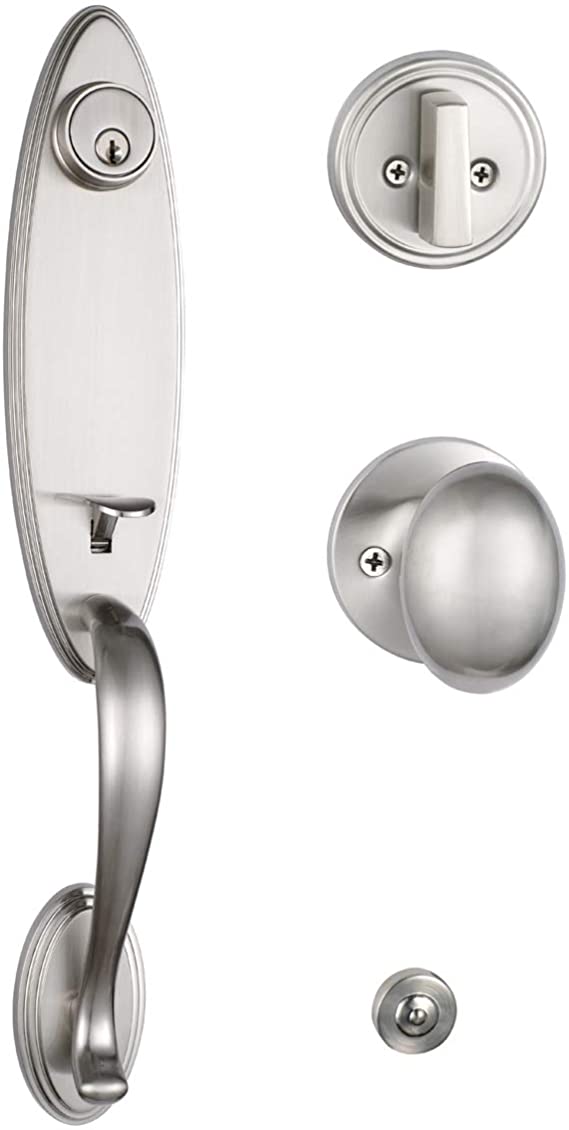 Satin Nickel HandleSet with Knob Door Handle (for Entrance and Front Door) Reversible for Right and Left Handed and a Single Cylinder Deadbolt Handle Set Satin Nickel Finish,MDHST2006SN-AMZ