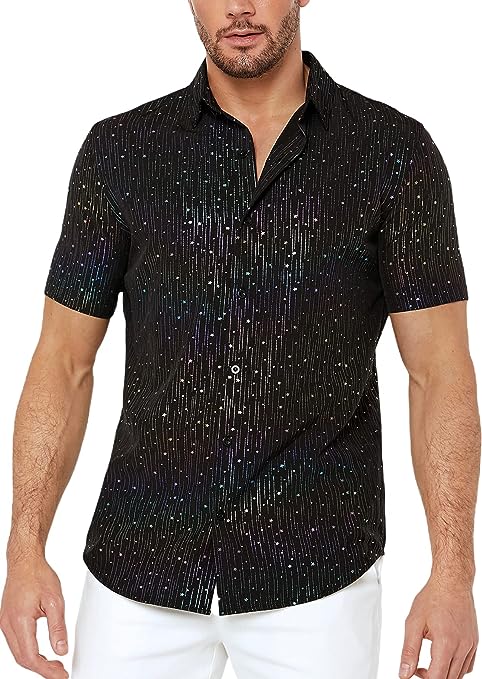 Milumia Men's Ombre Sequin Button Up Short Sleeve Shirt Collar Blouse Party Tops