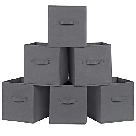 SONGMICS Storage Bins Cubes Baskets Containers with Dual Non-Woven Handles for Home Closet Bedroom Drawers Organizers, Flodable, Grey, Set of 6 UROB26G, 6 10.2" x 10.2" x 11"