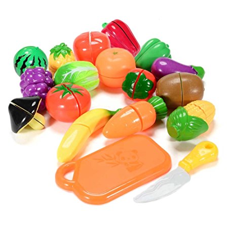 Funslane Toys 18PCS Plastic Cutting Fruits and Vegetables Set Play Food Set for Pretend Play Educational Puzzle Learning Plastic Toy Satety