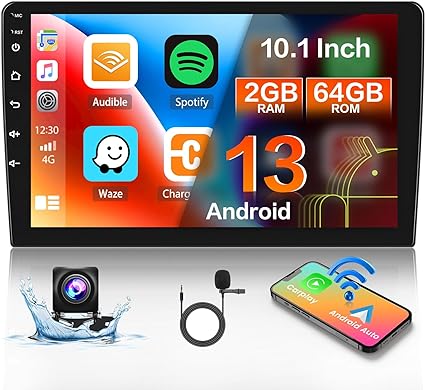 2GB 64GB Android 13 Double Din Car Stereo Wireless Apple Carplay, Hikity 10.1 Inch Touchscreen Android Car Radio GPS Navigation WiFi HiFi FM SWC Mic Backup Camera