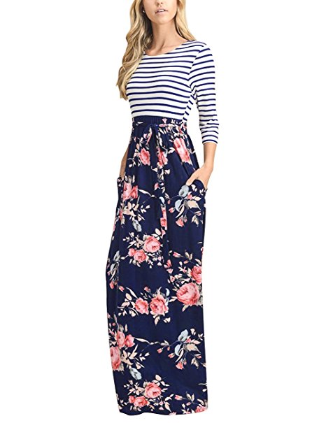 MEROKEETY Women's Striped Floral Print 3/4 Sleeve Tie Waist Maxi Dress With Pockets