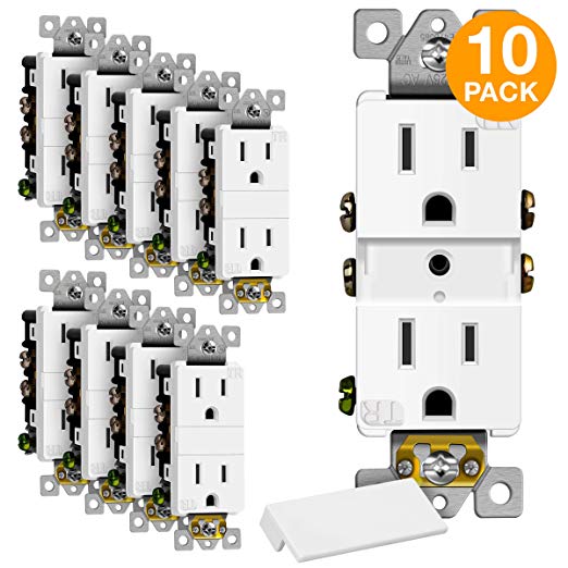 TOPGREENER Decorator Receptacle Outlet with Grounded Center Screw Hole for Mounting Wall Tap Adapters, Residential Grade, Tamper-Resistant, UL Listed, 15A 125V, TG215TRIC-10PCS, White (10 Pack)