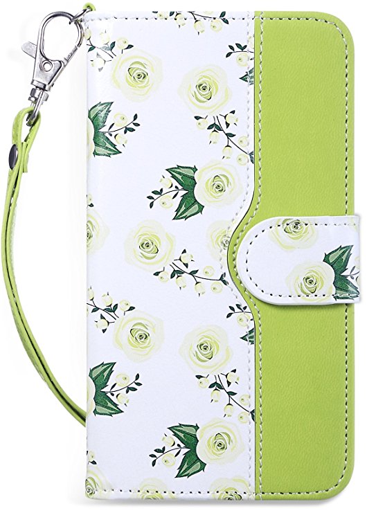 iPhone X Case, iPhone X Wallet Case with Card Holders, ULAK Rose Floral Kickstand Premium Synthetic Leather Folio Handmade Wrist-strap Wallet Case Cover for iPhone X / iPhone 10 5.8 inch Rose/Green