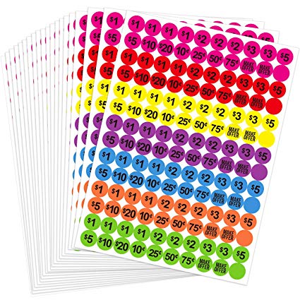 Boao 2800 Pieces Neon Colors Prepriced Garage Sales Stickers, Pricing Labels, Sale Labels, 3/4 Inch Diameter