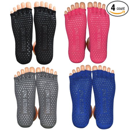 Durable,Breathable Cotton Yoga Socks with Grips/Toeless Socks /Pilates Socks / Non Skid Socks / Half Toe Design for Women, 4 Pack